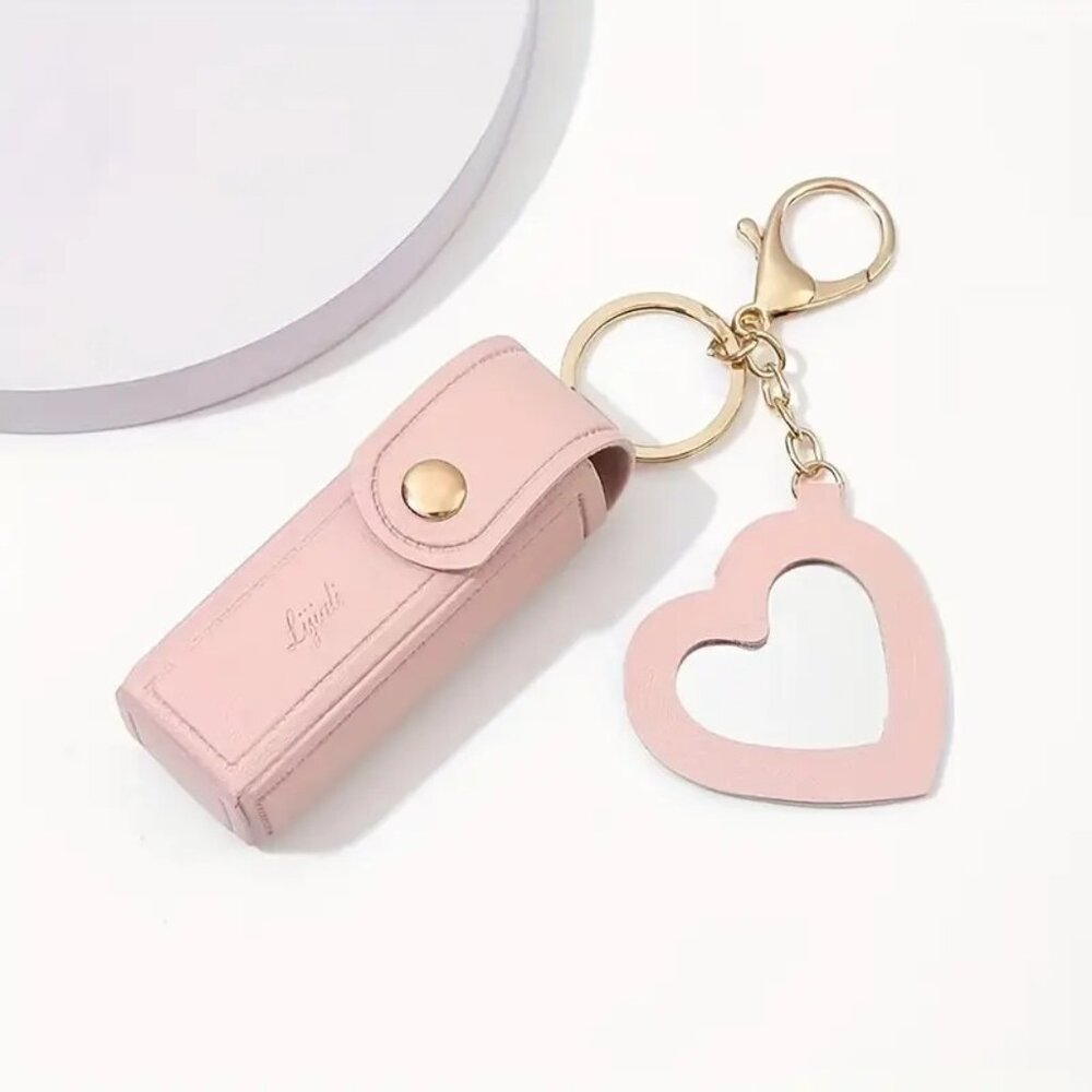 Cute Pink Mini Lipstick Holder Sleeve Keychain with Heart Shaped Mirror - Picture 1 of 7